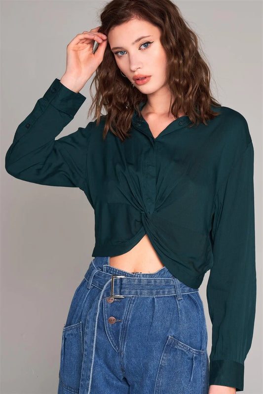 Hunter-Green Long Sleeve Front Button Down Twist Detail Elasticated Back Shirt /3-2-1 - Tasha Apparel Wholesale