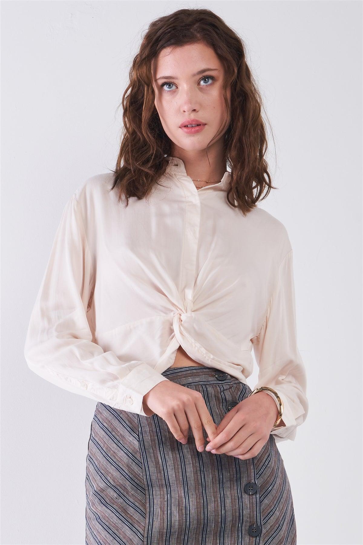 Oatmeal Long Sleeve Front Button Down Twist Detail Elasticated Back Shirt /3-2-1