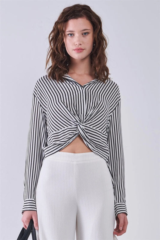 Black & White Striped Long Sleeve Twist Detail Elasticated Back Shirt /3-2-1 - Tasha Apparel Wholesale