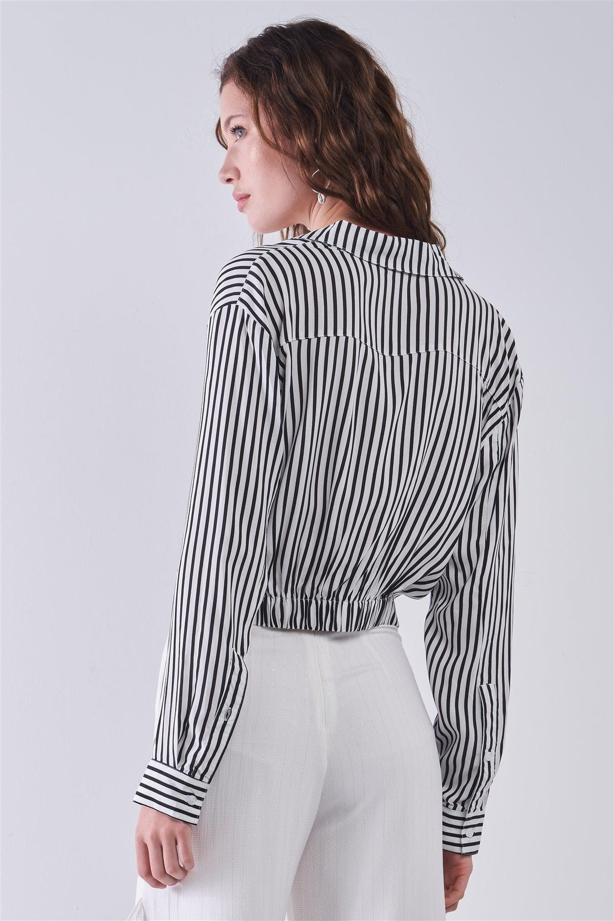 Black & White Striped Long Sleeve Twist Detail Elasticated Back Shirt /3-2-1