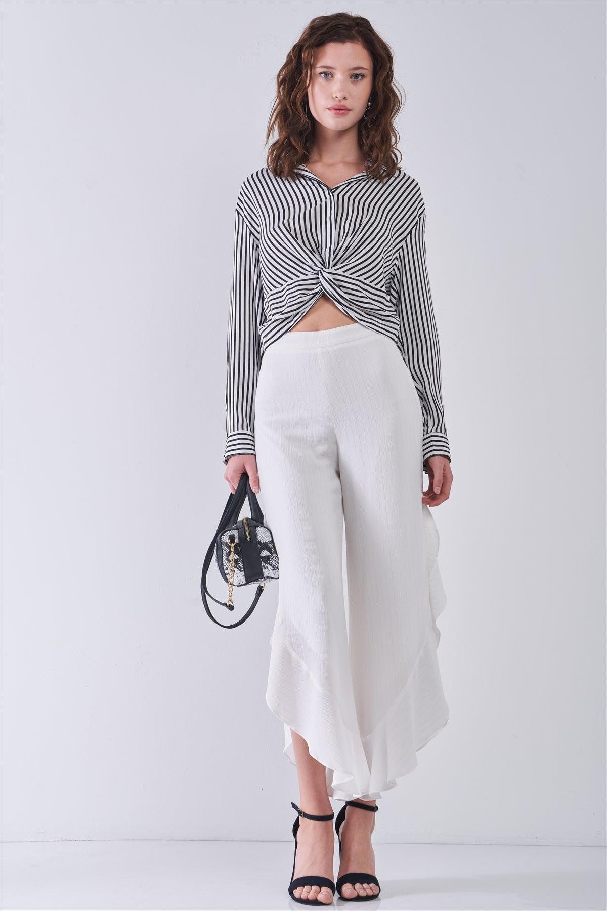 Black & White Striped Long Sleeve Twist Detail Elasticated Back Shirt /3-2-1