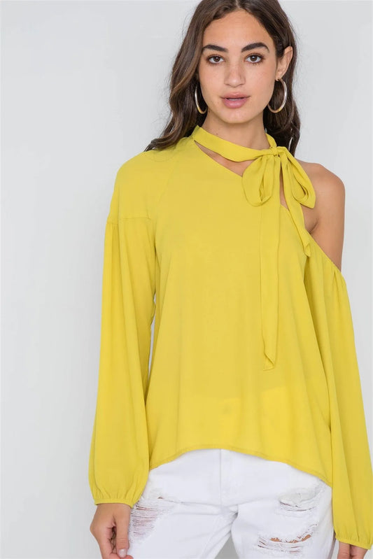 Bright Mustard Open Shoulder Front-Tie Top - Tasha Apparel Wholesale