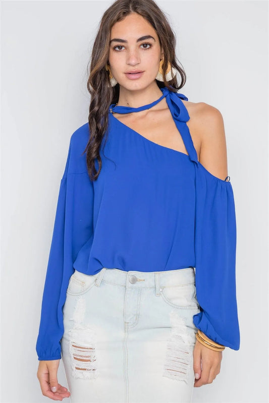 Royal Blue Open Shoulder Front-Tie Top /2-2-2 - Tasha Apparel Wholesale