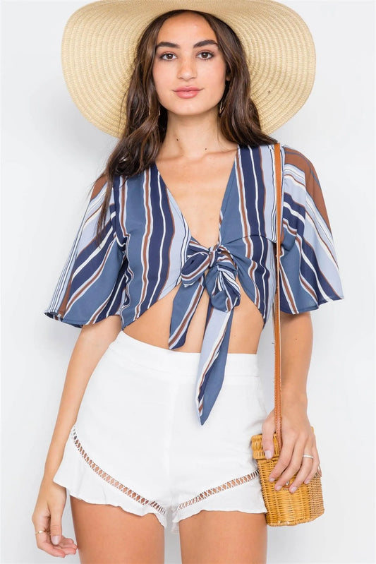 Navy Stripe Print Fiesta Waist Tie Crop Top - Tasha Apparel Wholesale
