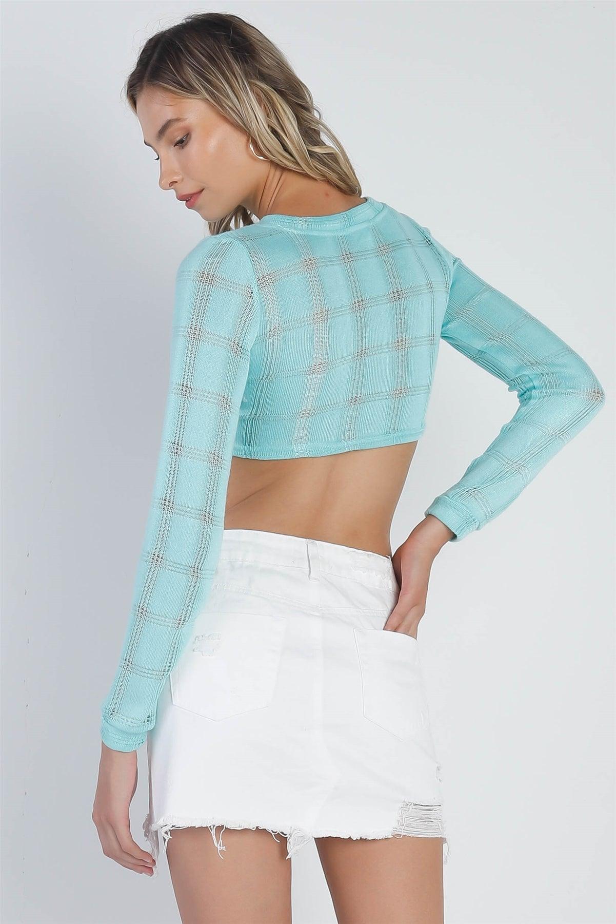 Tiffany Blue Cropped Knit Long Sleeve Sweater /2-2-2