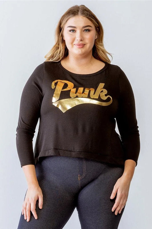 Junior Plus Size Black Gold "PUNK" Graphic Print Long Sleeves Sheer Back Hi-Lo Top /2-2-2 - Tasha Apparel Wholesale