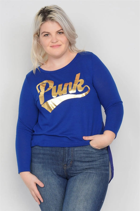 Junior Plus Size Blue Gold "PUNK" Graphic Long Sleeves Sheer Back Top /2-2-2 - Tasha Apparel Wholesale