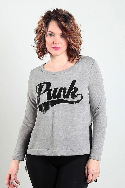 Grey "PUNK" Graphic Plus Size Long Sleeves Sheer Back Top /2-2-2 - Tasha Apparel Wholesale