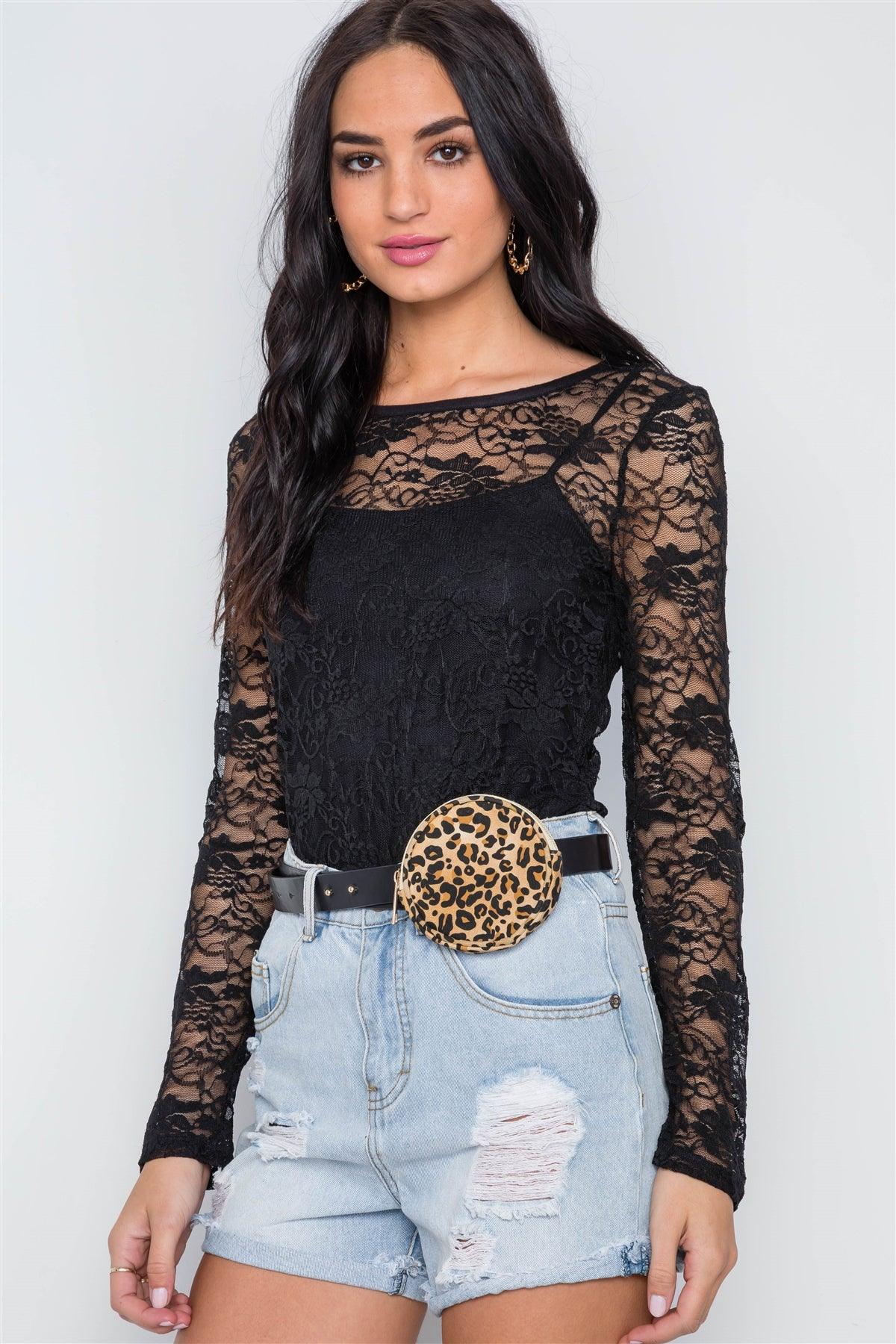 Black Sheer Floral Lace Long Sleeve Top /2-2-2