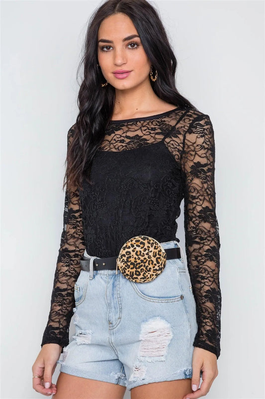 Black Sheer Floral Lace Long Sleeve Top /2-2-2 - Tasha Apparel Wholesale
