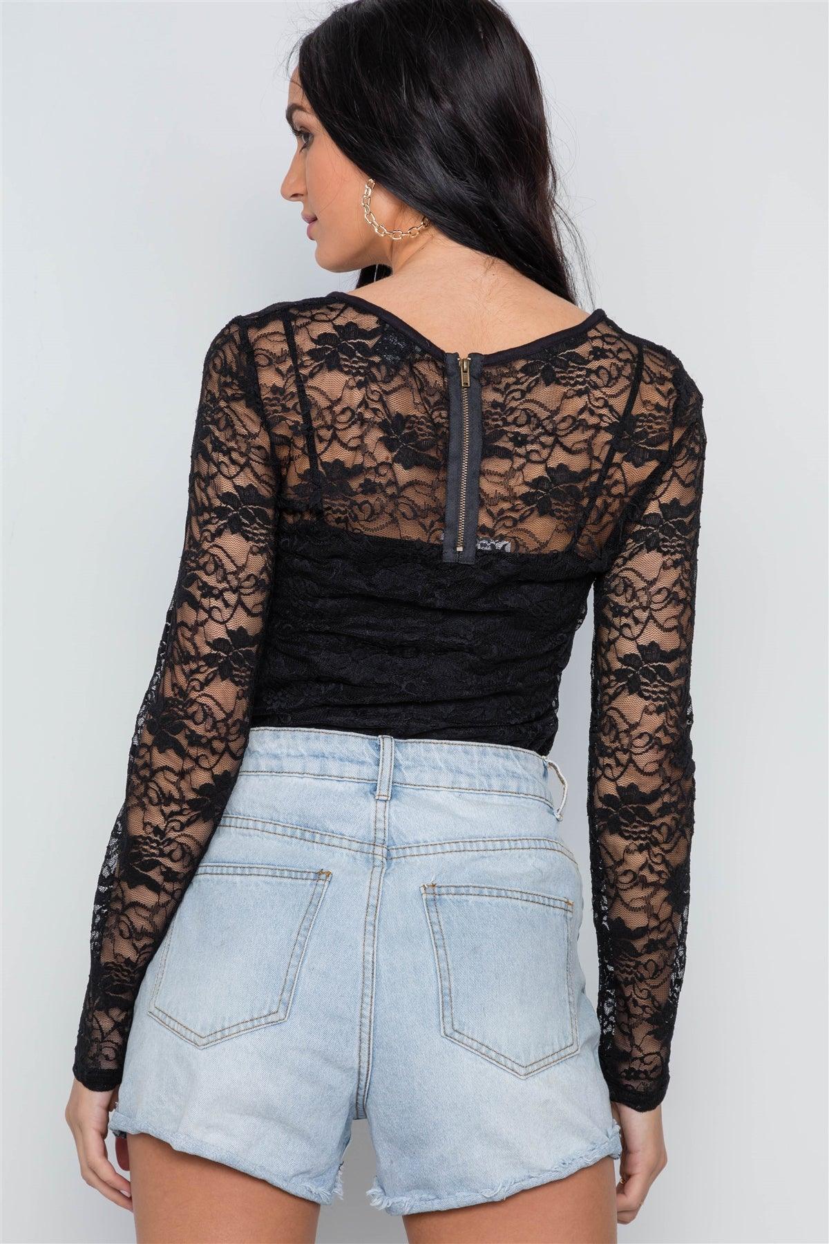 Black Sheer Floral Lace Long Sleeve Top /2-2-2