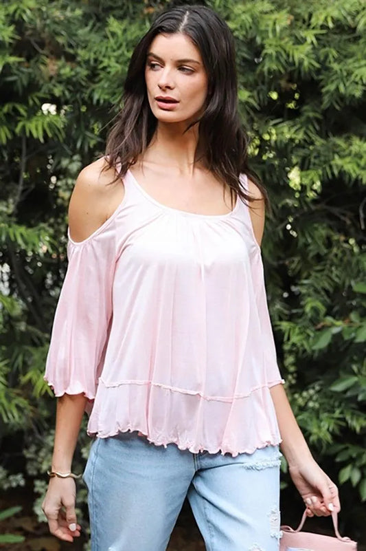 Pink Cold Shoulder Back Self-Tie Detail Midi Sleeve Lettuce Edge Top /2-2-2 - Tasha Apparel Wholesale