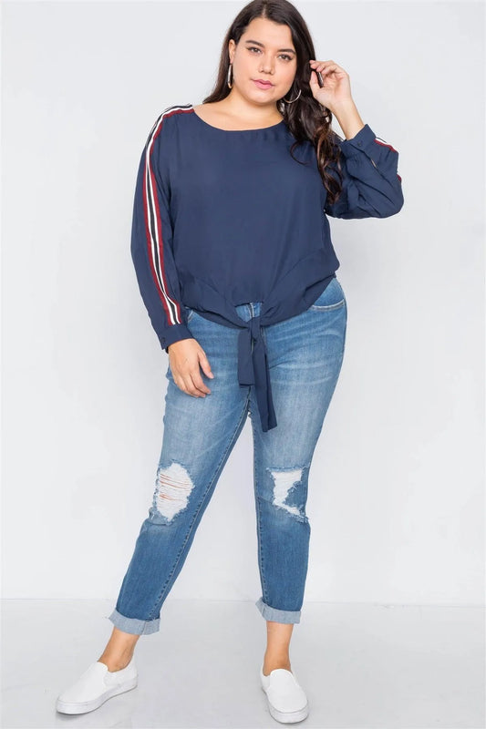 Junior Plus Size Navy Color Block Sleeve Front Knot Semi-Sheer Top /1-3-2 - Tasha Apparel Wholesale
