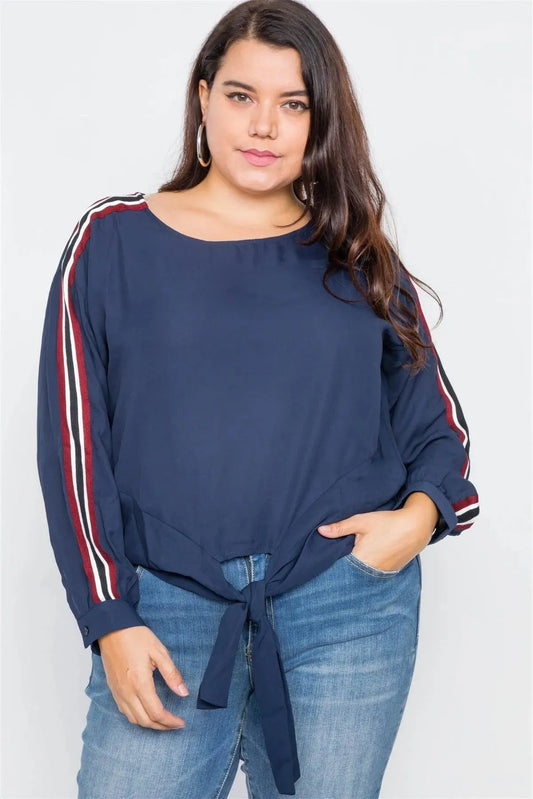 Junior Plus Size Navy Color Block Sleeve Front Knot Semi-Sheer Top /1-3-2 - Tasha Apparel Wholesale