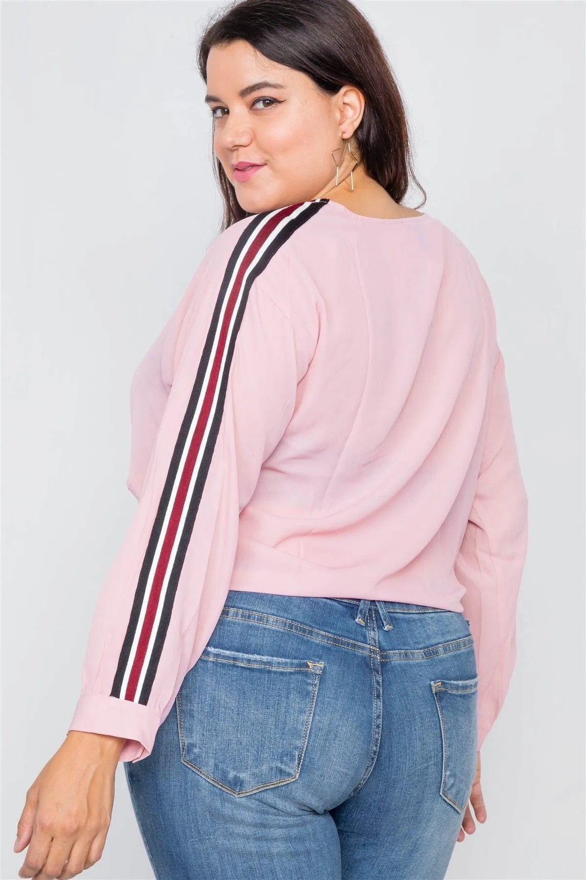 Junio Plus Pink Color Block Sleeve Front Knot Semi-Sheer Top /2-2-2 - Tasha Apparel Wholesale