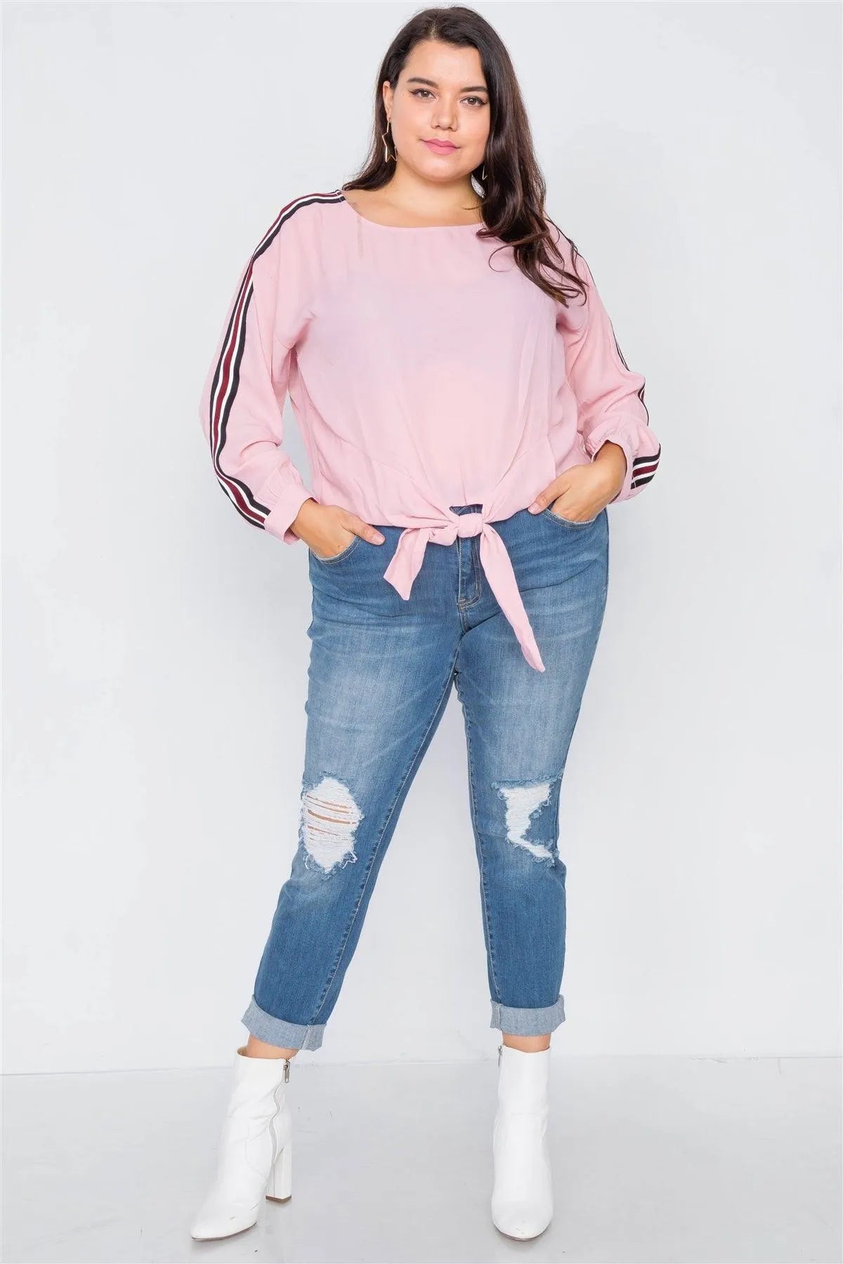 Junio Plus Pink Color Block Sleeve Front Knot Semi-Sheer Top /2-2-2 - Tasha Apparel Wholesale
