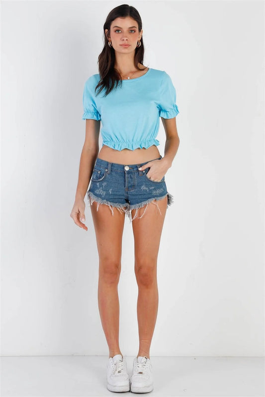 Sky Cotton Elasticized Ruffle Trim Crop Top /2-2-2 - Tasha Apparel Wholesale