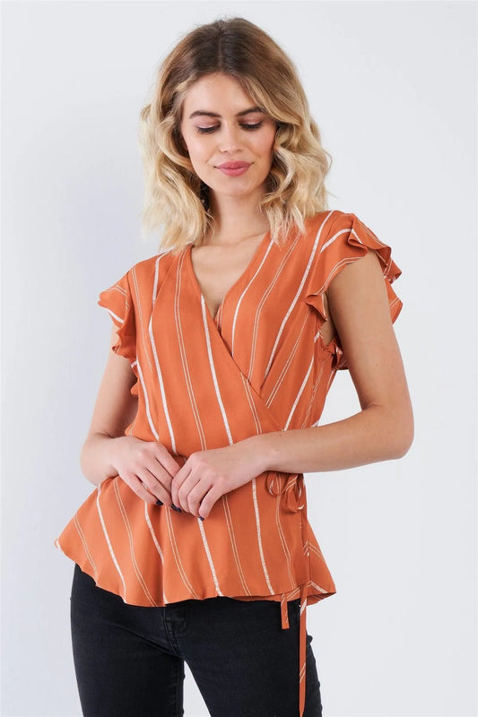 Dark Melon Orange Stripe Wrap Peplum Flounce Hem V-Neck Top /1-2-2-1 - Tasha Apparel Wholesale
