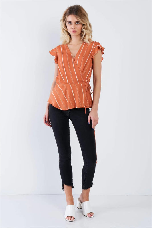 Dark Melon Orange Stripe Wrap Peplum Flounce Hem V-Neck Top /1-4-2 - Tasha Apparel Wholesale