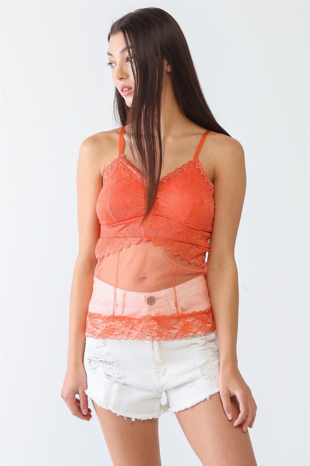 Coral Sheer Mesh Lace Sleeveless Push-Up Bustier Top