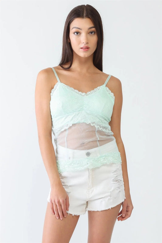 Mint Sheer Mesh Lace Sleeveless Push-Up Bustier Top - Tasha Apparel Wholesale