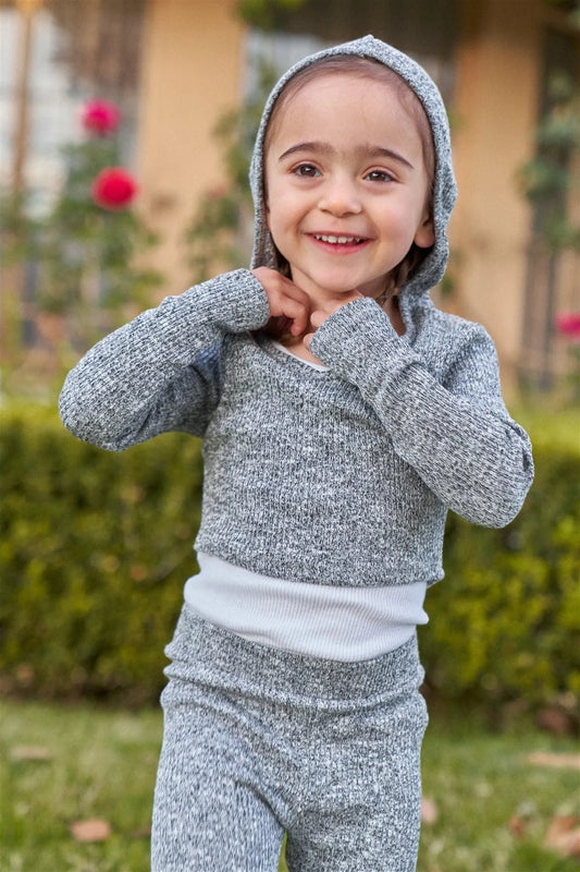 Girls Heather Grey Long Sleeve V-Neck Hooded Cropped Top & High-Waisted Skinny Pants Two Piece Set /1-2-1-1-1 - Tasha Apparel Wholesale