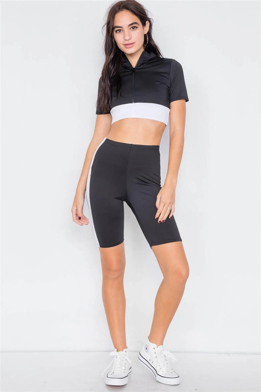 Black & White Contrast Trim Crop Pull Over & Mini Biker Short Set /2-2-1 - Tasha Apparel Wholesale
