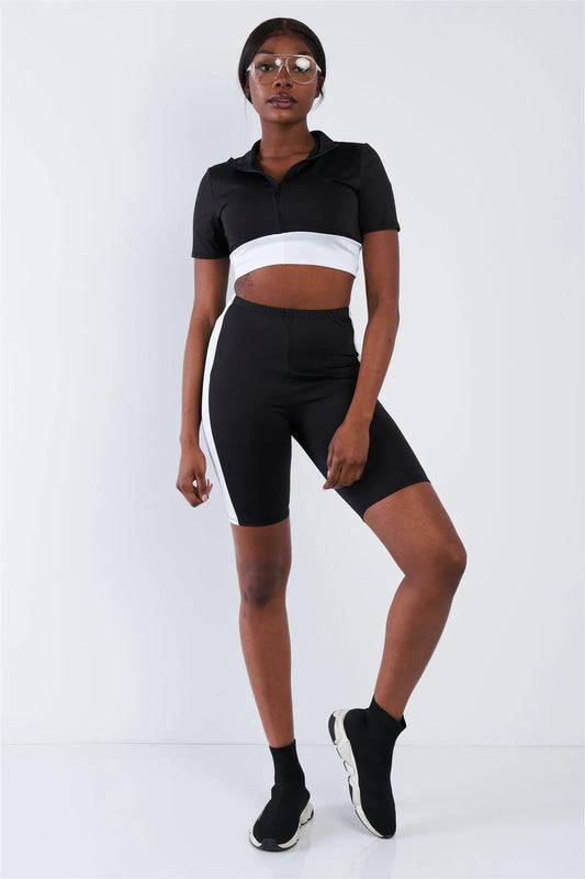 Black & White Contrast Trim Crop Pull Over & Mini Biker Short Set /3-2-1 - Tasha Apparel Wholesale