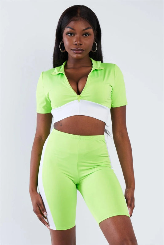 Neon Green & White Contrast Trim Crop Pull Over & Mini Biker Short Set /3-2-1 - Tasha Apparel Wholesale