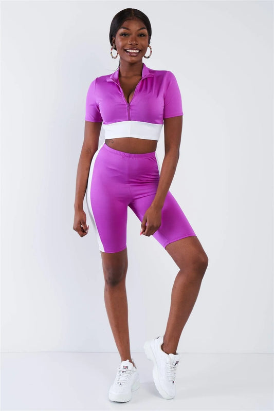 Purple & White Contrast Trim Crop Pull Over & Mini Biker Short Set /3-2-1 - Tasha Apparel Wholesale