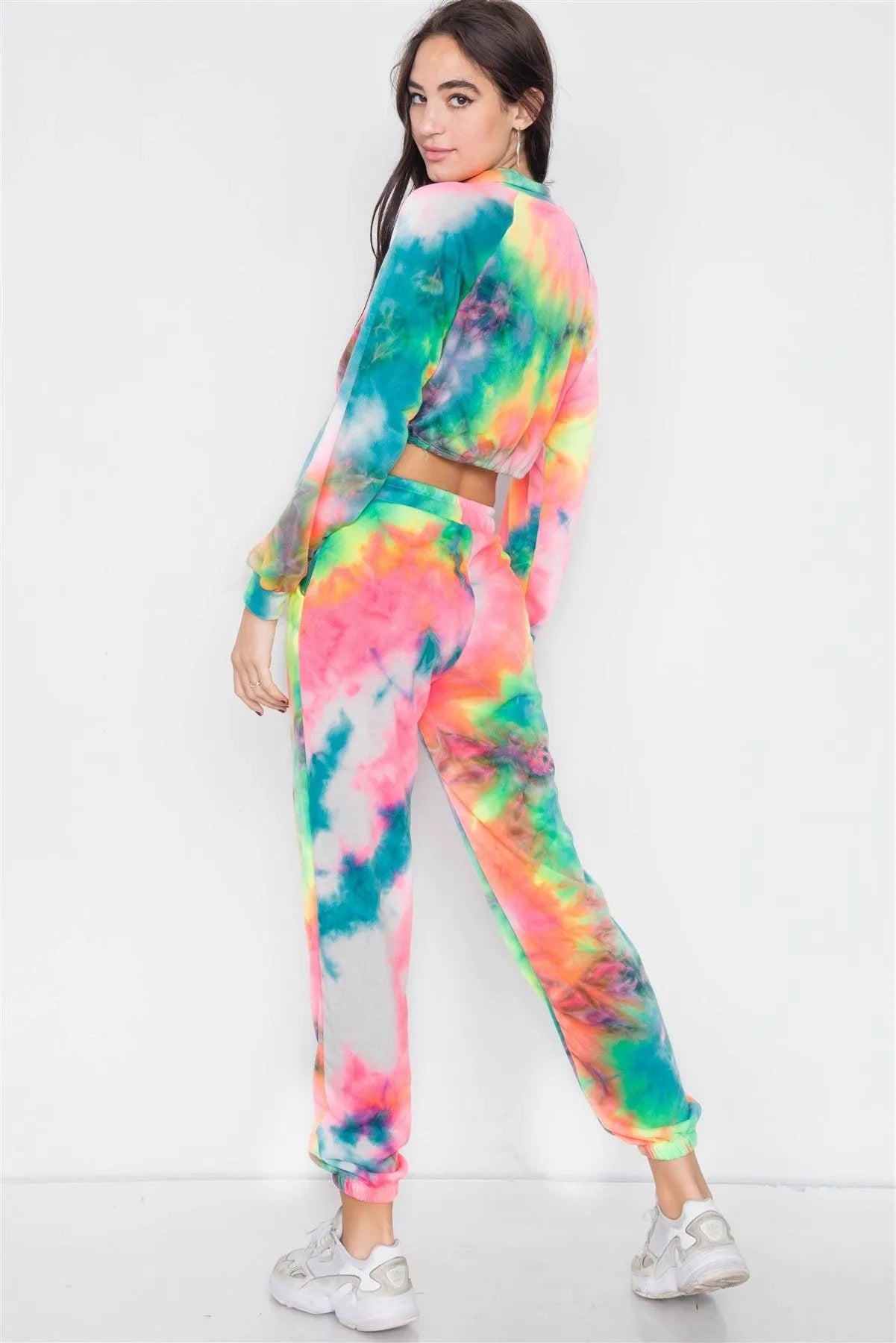 Neon Multi Crop Zip Sweater & Sweat Pant Two Piece Set /3-2-1 - Tasha Apparel Wholesale