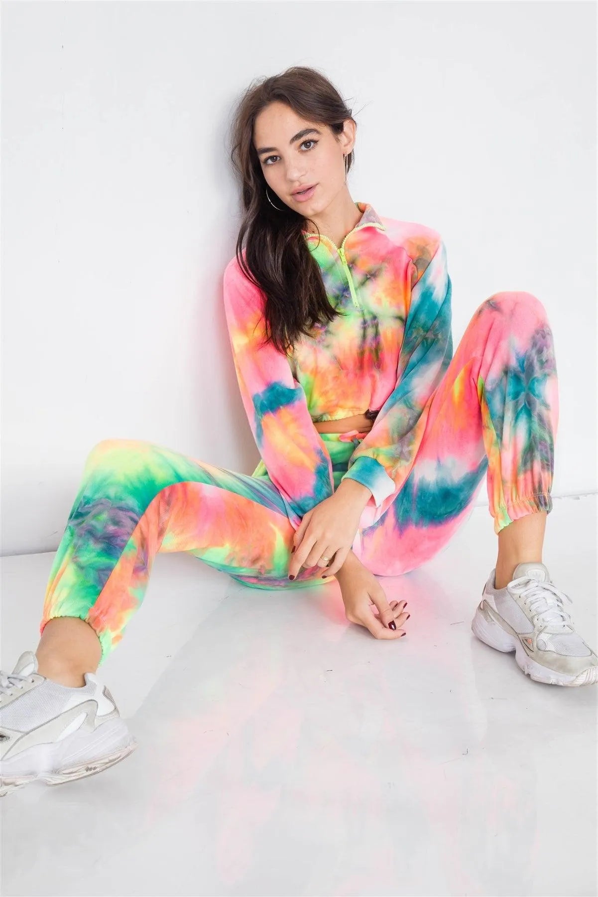 Neon Multi Crop Zip Sweater & Sweat Pant Two Piece Set /3-2-1 - Tasha Apparel Wholesale