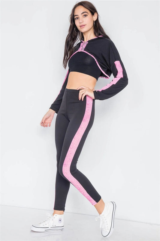 Black & Pink Snake Print Trim High Crop & Ankle Legging Set /3-2-1 - Tasha Apparel Wholesale