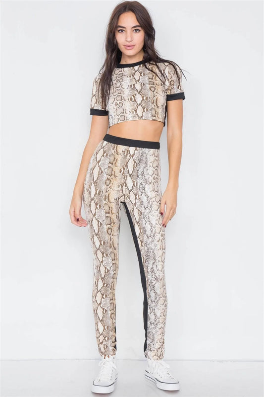 Camel Snake Print Black Trim Crop Top & Leggings Set /3-2-1 - Tasha Apparel Wholesale
