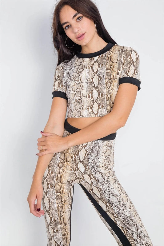 Camel Snake Print Black Trim Crop Trop & Leggings Set /4-1-1 - Tasha Apparel Wholesale