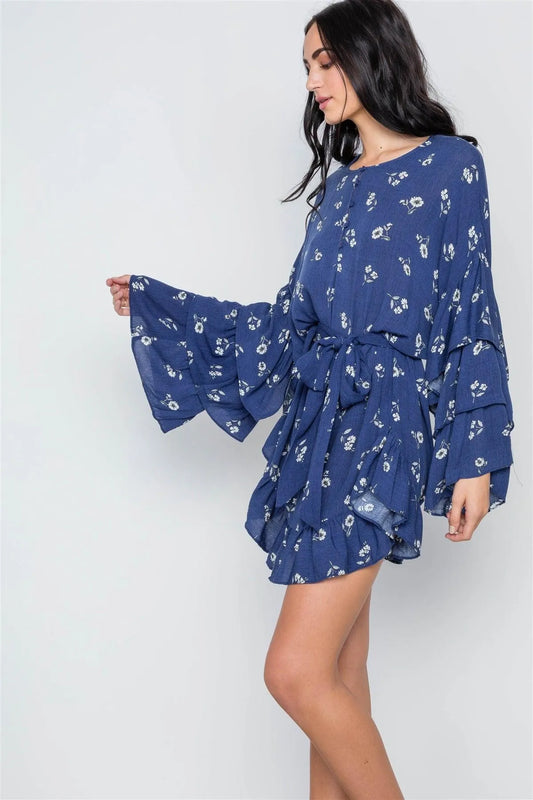 Navy Floral Print Long Bell Sleeves Dress /2-2-1 - Tasha Apparel Wholesale