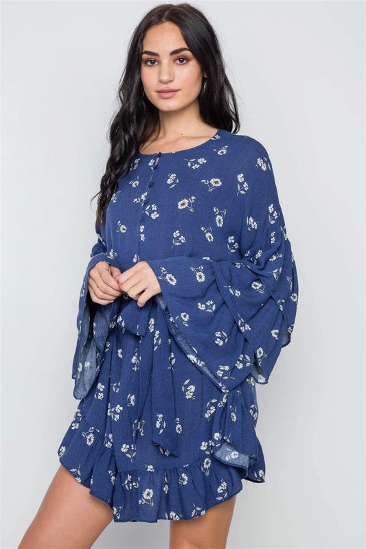 Navy Floral Print Long Bell Sleeves Dress /3-2-1 - Tasha Apparel Wholesale