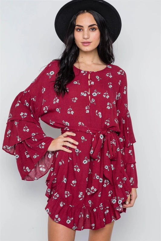 Red Burgundy Floral Print Long Bell Sleeves Dress /2-2-1 - Tasha Apparel Wholesale