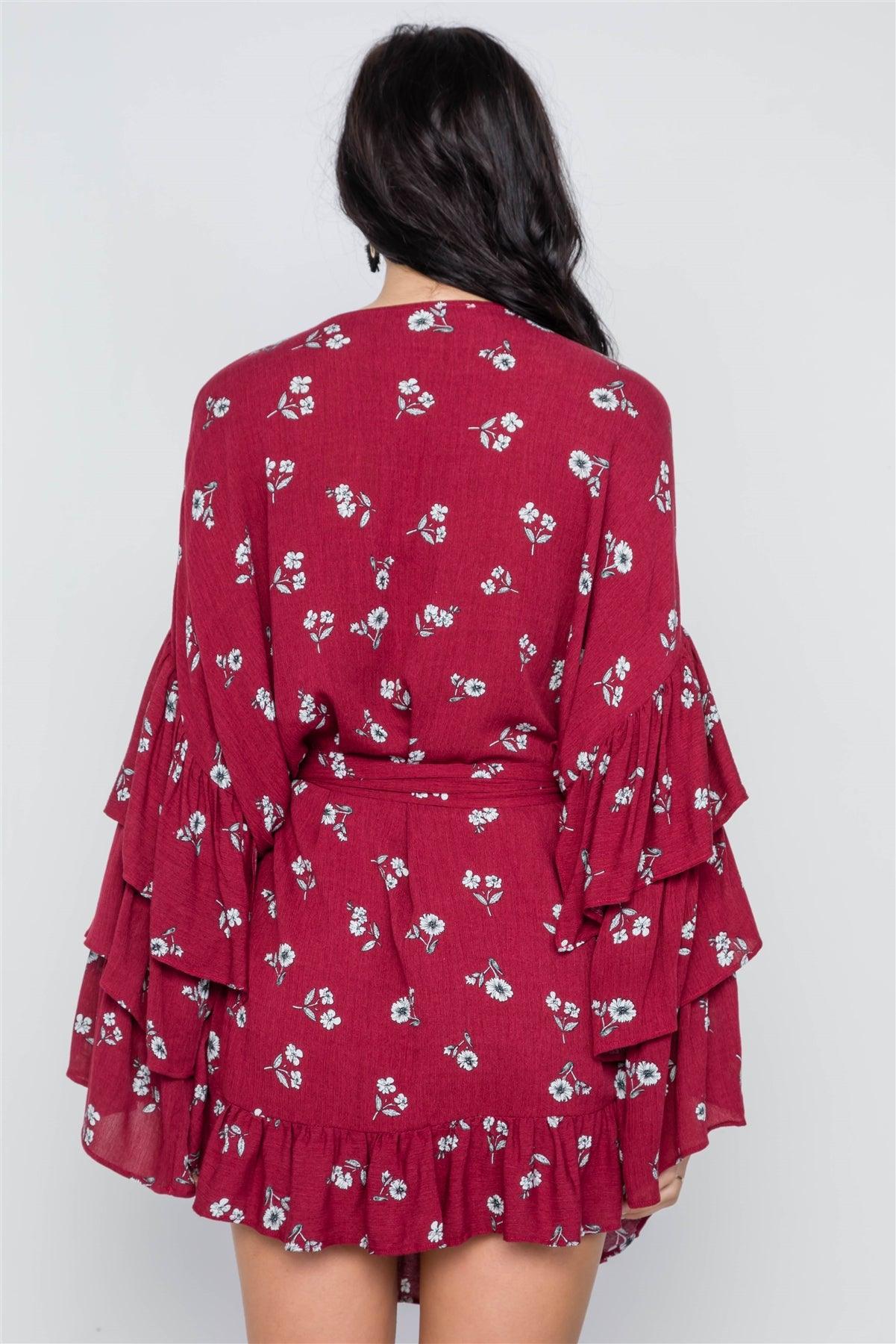 Red Burgundy Floral Print Long Bell Sleeves Dress /2-2-1