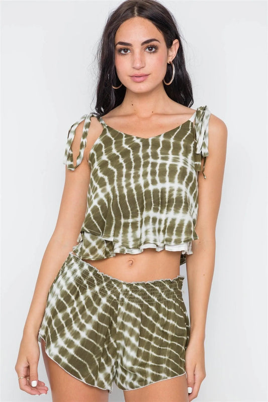 Olive Tie Dye Two Piece Crop Top Shorts Set /2-2-1 - Tasha Apparel Wholesale