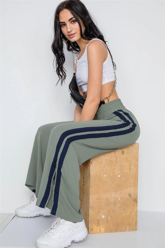 Olive Contrast Trim Side Slit Wide Leg Casual Pants /2-2-1 - Tasha Apparel Wholesale