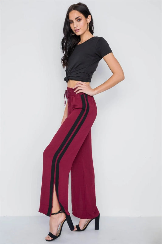 Wine Contrast Trim Side Slit Wide Leg Casual Pants /2-2-1 - Tasha Apparel Wholesale
