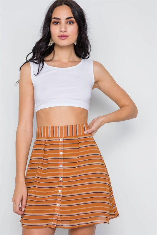 Caramel Stripe Button Down High Waist Retro Mini Skirt /3-2-1 - Tasha Apparel Wholesale