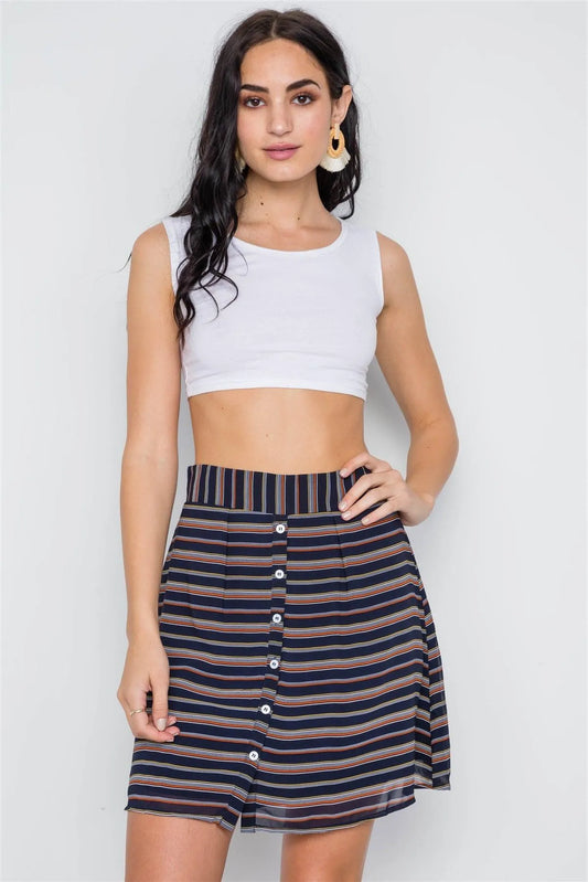 Navy Stripe Button Down High Waist Retro Mini Skirt /3-2-1 - Tasha Apparel Wholesale