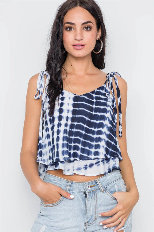 Navy Tie Dye Self Tie Cami Straps Crop Top Top /2-2-1 - Tasha Apparel Wholesale