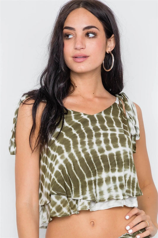 Olive Tie Dye Self Tie Cami Straps Crop Top Top /2-2-1 - Tasha Apparel Wholesale