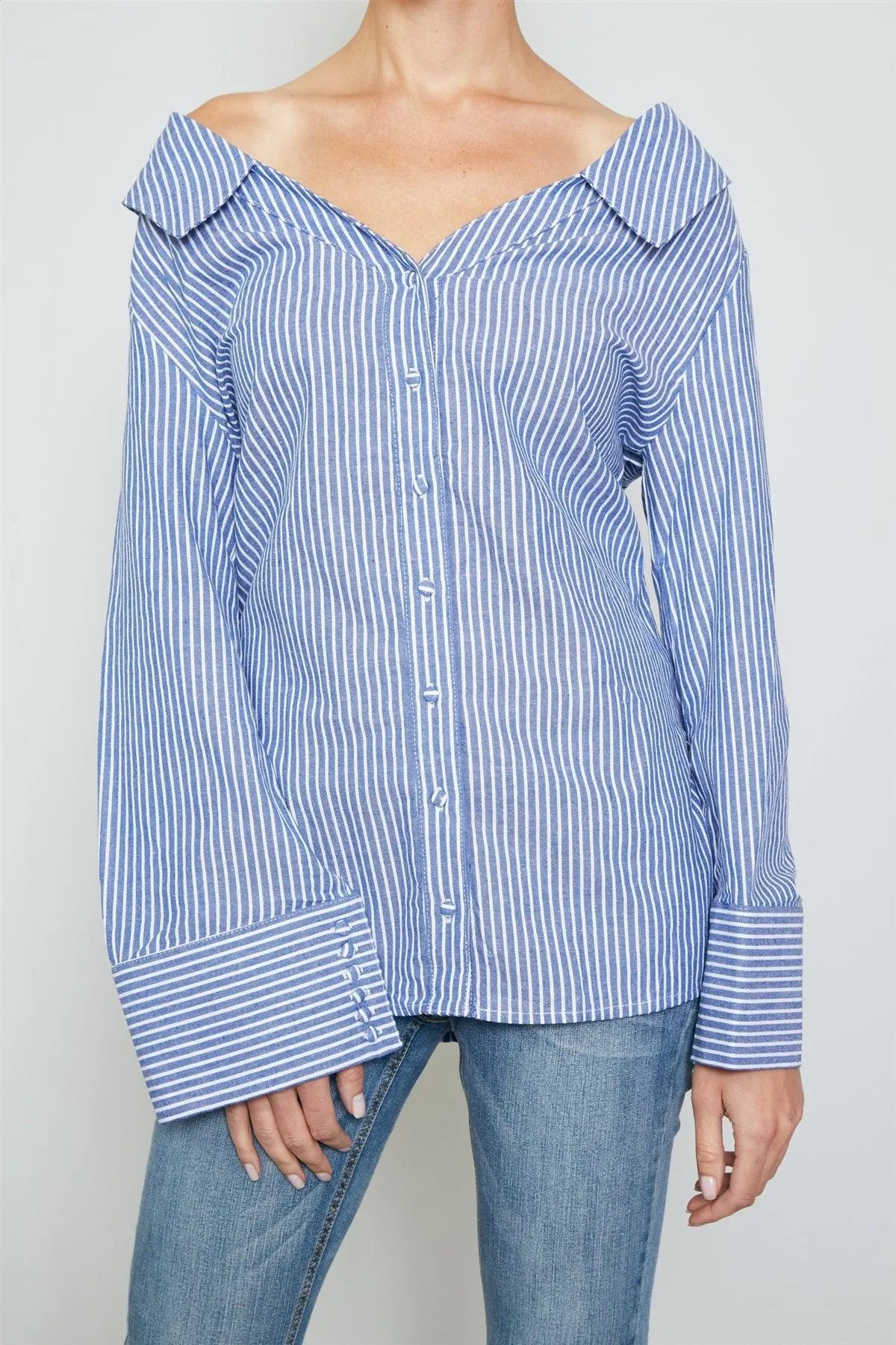 Blue Tie Back Striped Off The Shoulder Shirt /2-2-1 - Tasha Apparel Wholesale