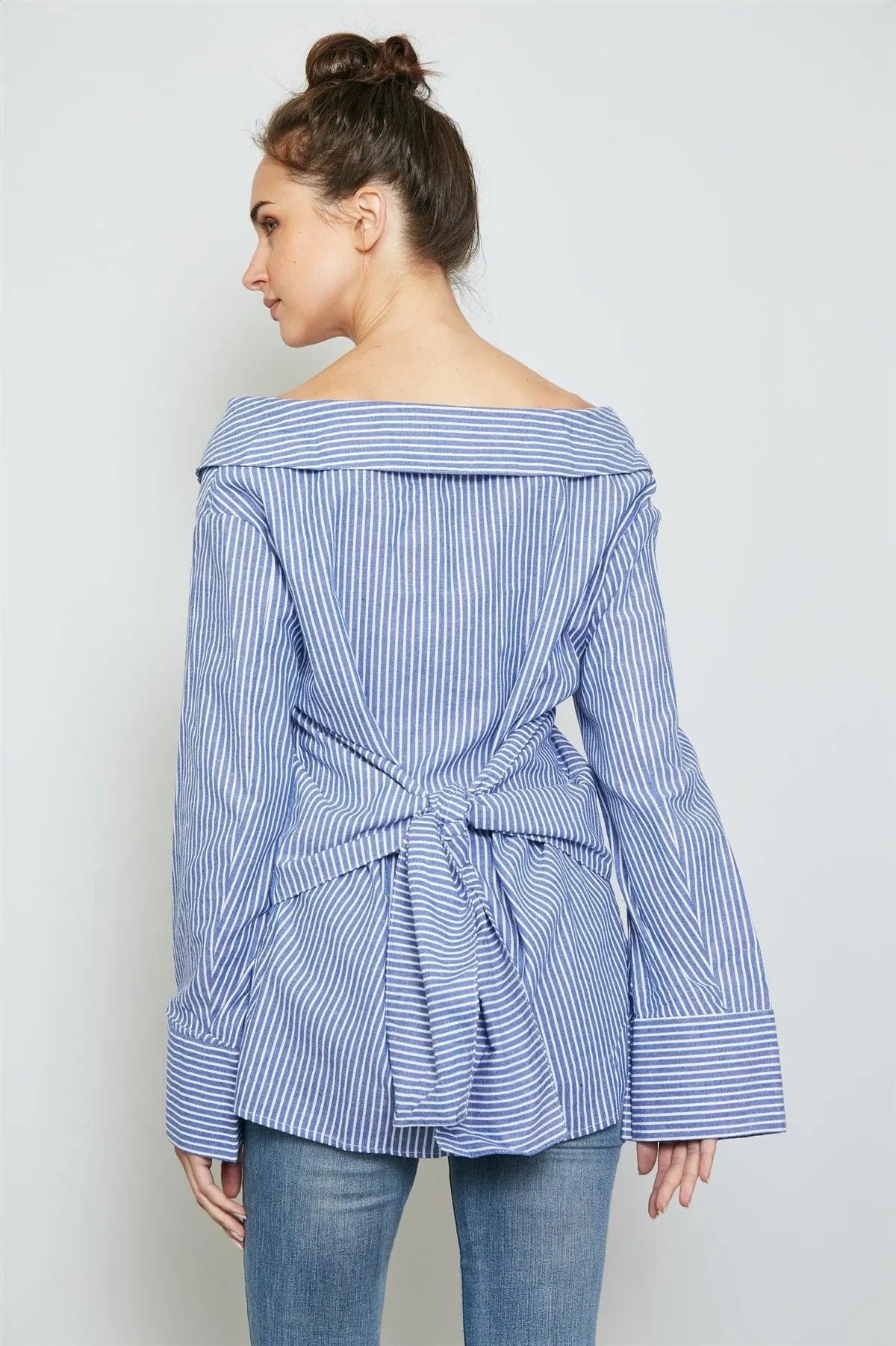 Blue Tie Back Striped Off The Shoulder Shirt /2-2-1 - Tasha Apparel Wholesale