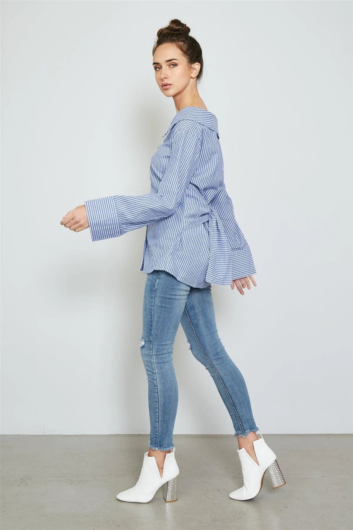Blue Tie Back Striped Off The Shoulder Shirt /2-2-1 - Tasha Apparel Wholesale