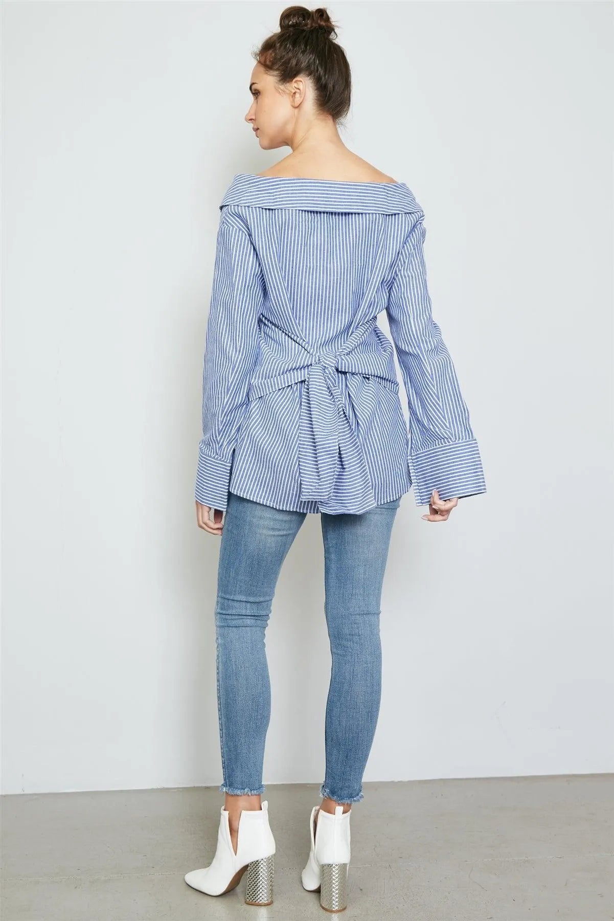 Blue Tie Back Striped Off The Shoulder Shirt /2-2-1 - Tasha Apparel Wholesale